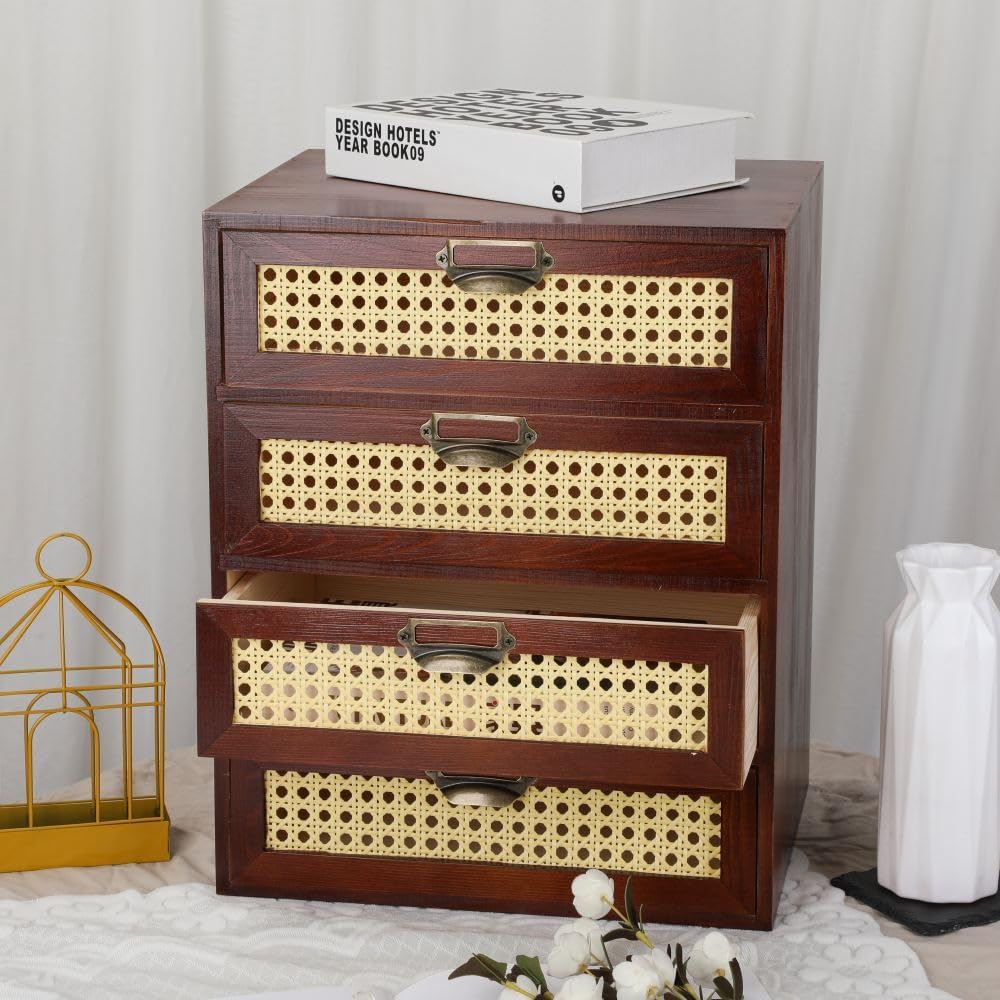 Large Wooden Storage Box Wooden Box with Drawers Apothecary Cabinet Large Desk Organizer with Drawers Rattan Storage Cabinet (LARGE BROWN)