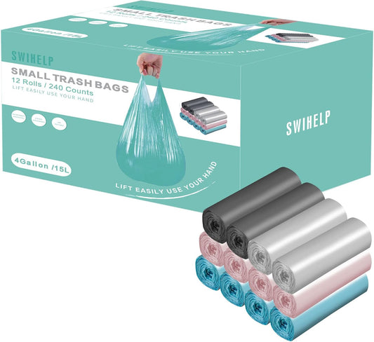 Small Trash Bags 240 Count Garbage Bags SWIHELP Waste Basket Liners for Bathroom, Kitchen,Bedroom, Office Pet Car 15 Liter Trash Can 4 Gallon