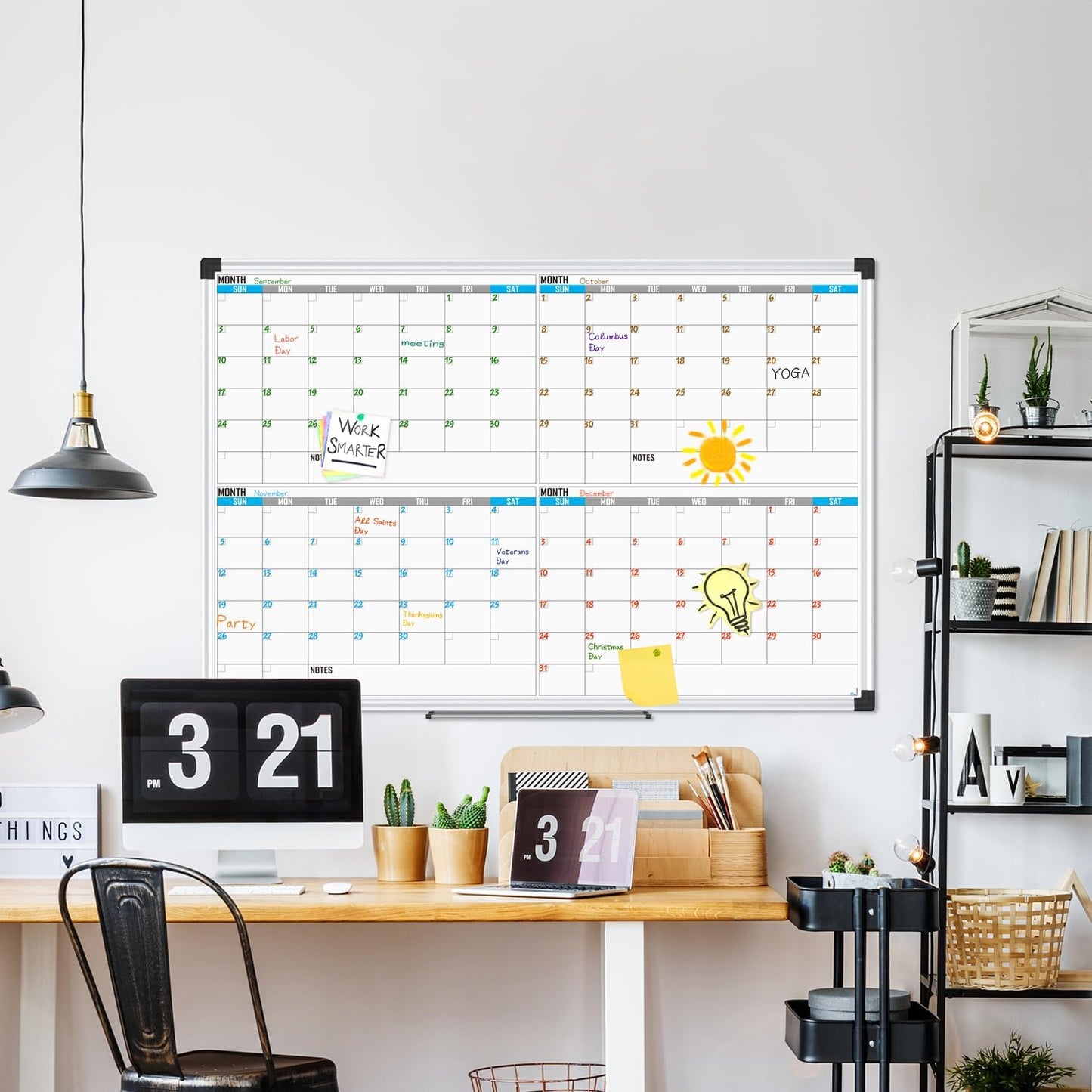 XBoard Magnetic Calendar Whiteboard 48" x 36" - 4 Month Colorful Calendar Dry Erase Board for Monthly Planning, Silver Aluminium Framed