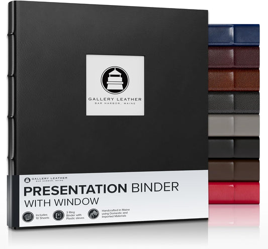 Gallery Leather 3 Ring Binder with Plastic Sleeves, Includes 10 Sheets, Sheet Size: 8.5" x 11" - Presentation Binder Rings with Window and Hubbed Spine, Thick: 0.75" Freeport Black