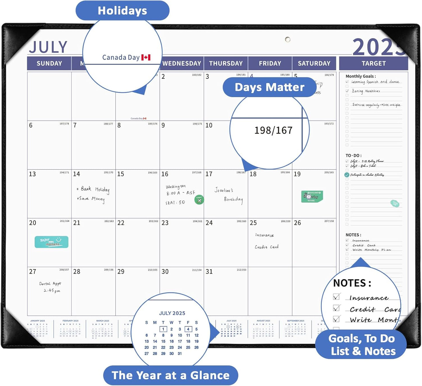 Ospelelf Large Desk Calendar 2025-2026 with Plastic Cover, 18 Months Planner Pad from January 2025 to June 2026, 22" x 17" PU Leather Wall Calendar for Home or Office, Black