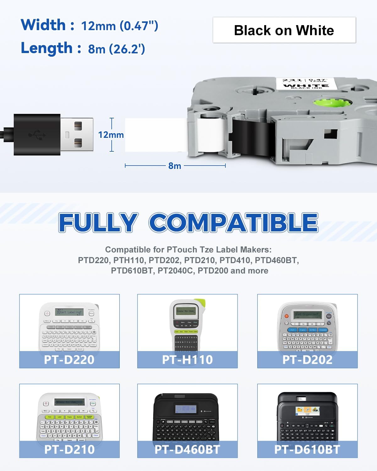 6-Pack 12mm 0.47" Black on White Label Tape Compatible for Brother Tze-231 PTouch 12mm 0.47" White Tze Tz Tape 12mm 1/2" Label Maker Tape for PT-D220 PT-D210 PT-D200 PT2430 PT1890 PT-D610BT