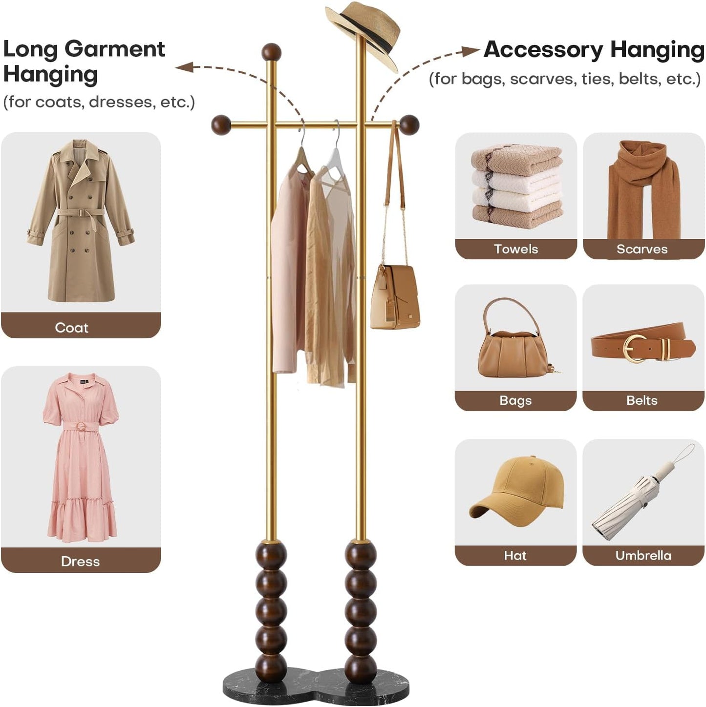 Metal Freestanding Coat Rack with Stainless Steel Double Rods & Marble Base, Hanging Clothes Rack for Entryway, Hallway, Bedroom, Living Room, Gold