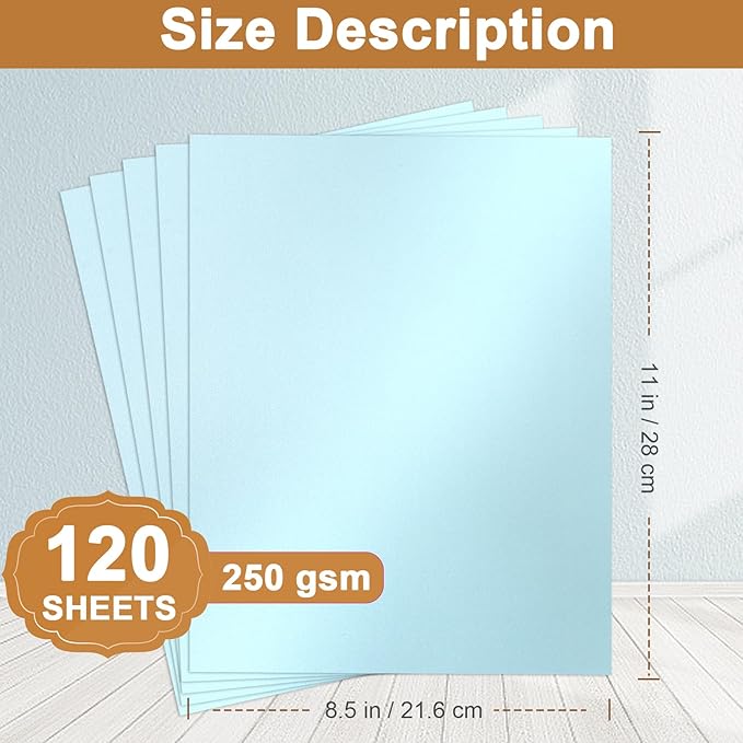 120 Sheets Light Blue Shimmer Cardstock 8.5 x 11 Certificate Paper, 250gsm/92lb Thick Craft Paper Light Blue Card Stock for DIY Cards Making, Greeting Cards, Wedding Invitations, Menus