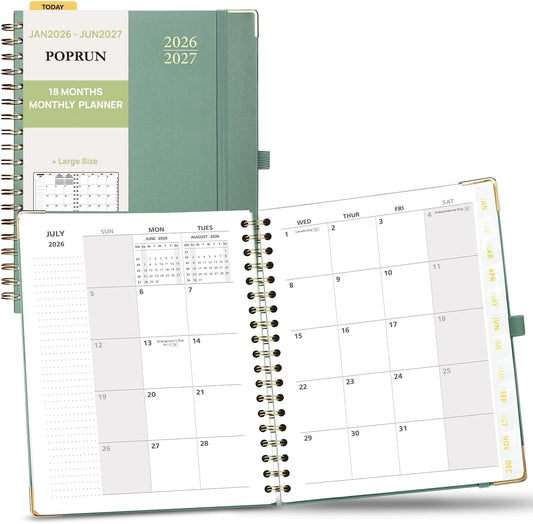 POPRUN Monthly Planner 2026-2027 Spiral Hardcover (8'' x 10''), 18 Months Calendar (Jan.2026-Jun.2027) - 2 Pages per Month with Dotted Note Pages, Sunday Start, Laminated Tab - Midnight Green