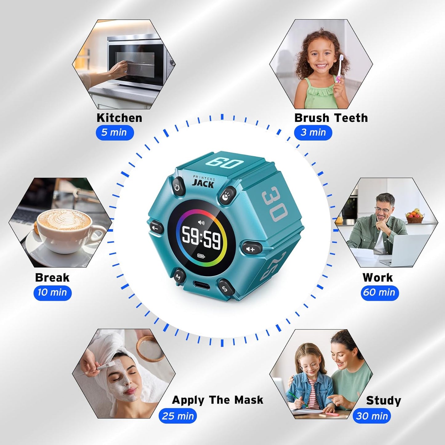 Pomodoro Timer, Magnetic Visual Timer with Flip Countdown, Silent & Alarm, Tools for Anyone, Cube Digital Timer for for Work, Kitchen Cooking, Study, 3/5/10/25/30/60min & Custom Countdown - Turquoise