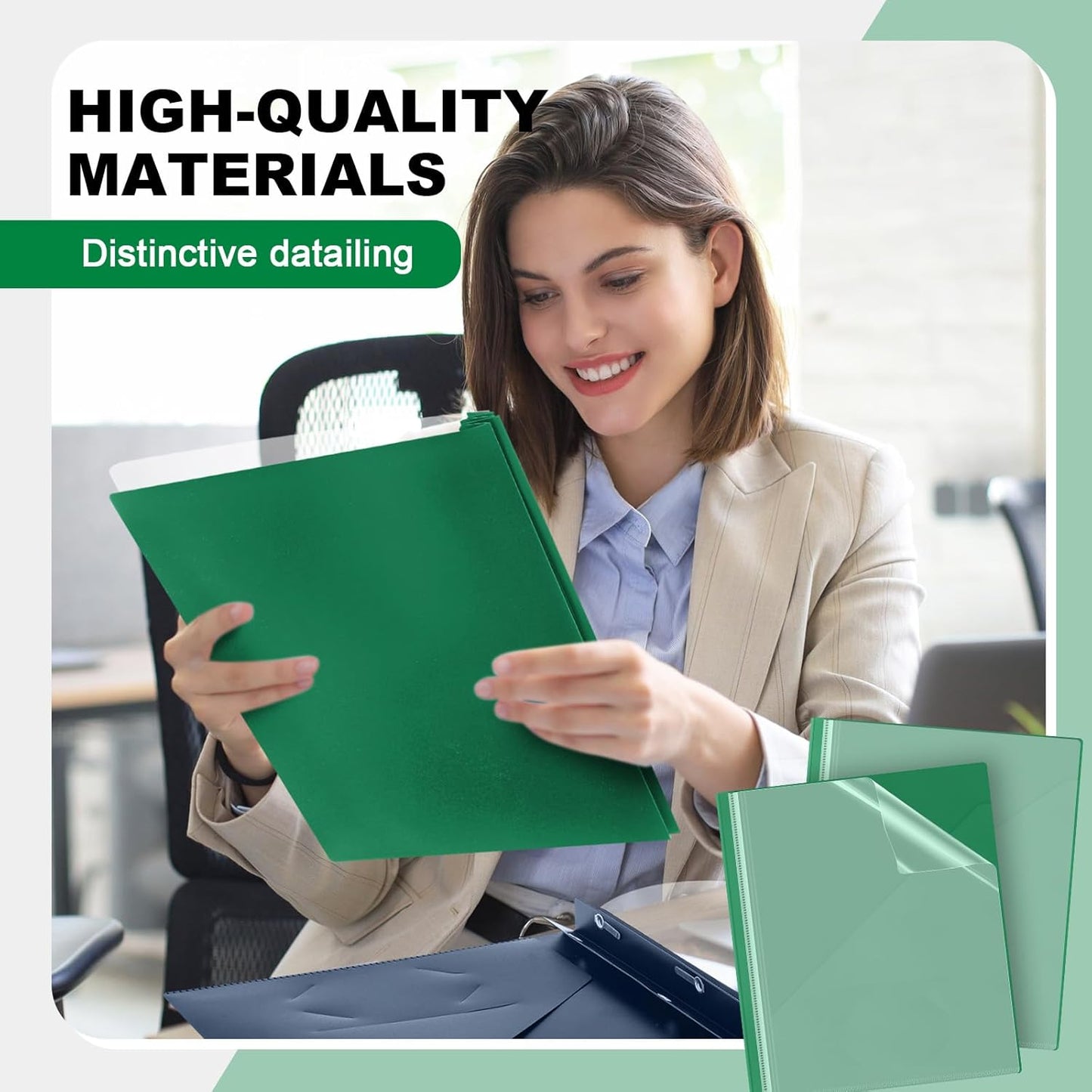 Teling 48 Pcs Clear Front Report Covers with 3 Prongs Fasteners, 11.42 x 9.45 Inch Plastic Book File Covers 90 Sheet Capacity, Presentation Folder with Green Back Cover for Office Business