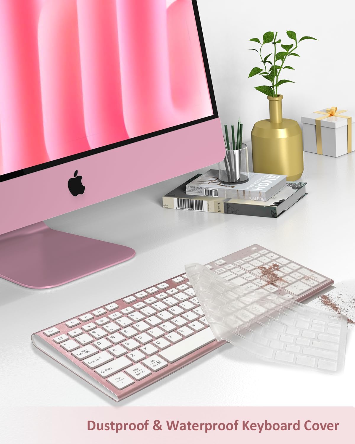 FENIFOX Wireless Keyboard, Bluetooth + USB Ergonomic Silent Quiet Rechargeable with Number Pad Cute Compact Full Size Multi Device Keyboards for iPad Tablet Mac Computer Surface PC MacBook Laptop Pink