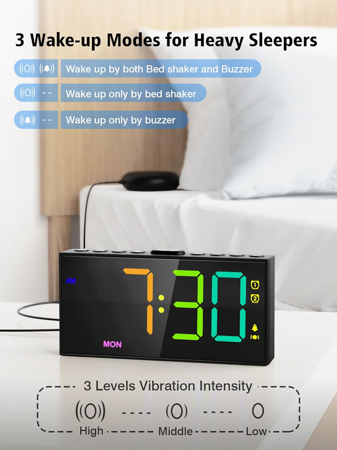 PPLEE RGB Bed Shaker Alarm Clock for Heavy Sleepers, Loud Vibrating Digital Clock with Dual Alarms, 3 Wake Modes, Weekday Display, Bedside USB Charger, Battery Backup, Dimmable for Kids Teens Seniors