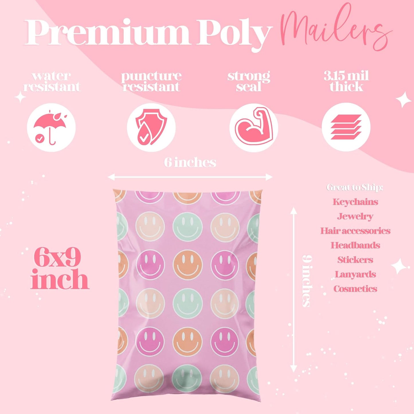 10x13 Designer Poly Mailer 100 Pack Heavy Duty Waterproof Self Seal Shipping Bags for Small Business Large Mailing Envelopes Bulk Tear Resistant Cute Packaging Smiley Face