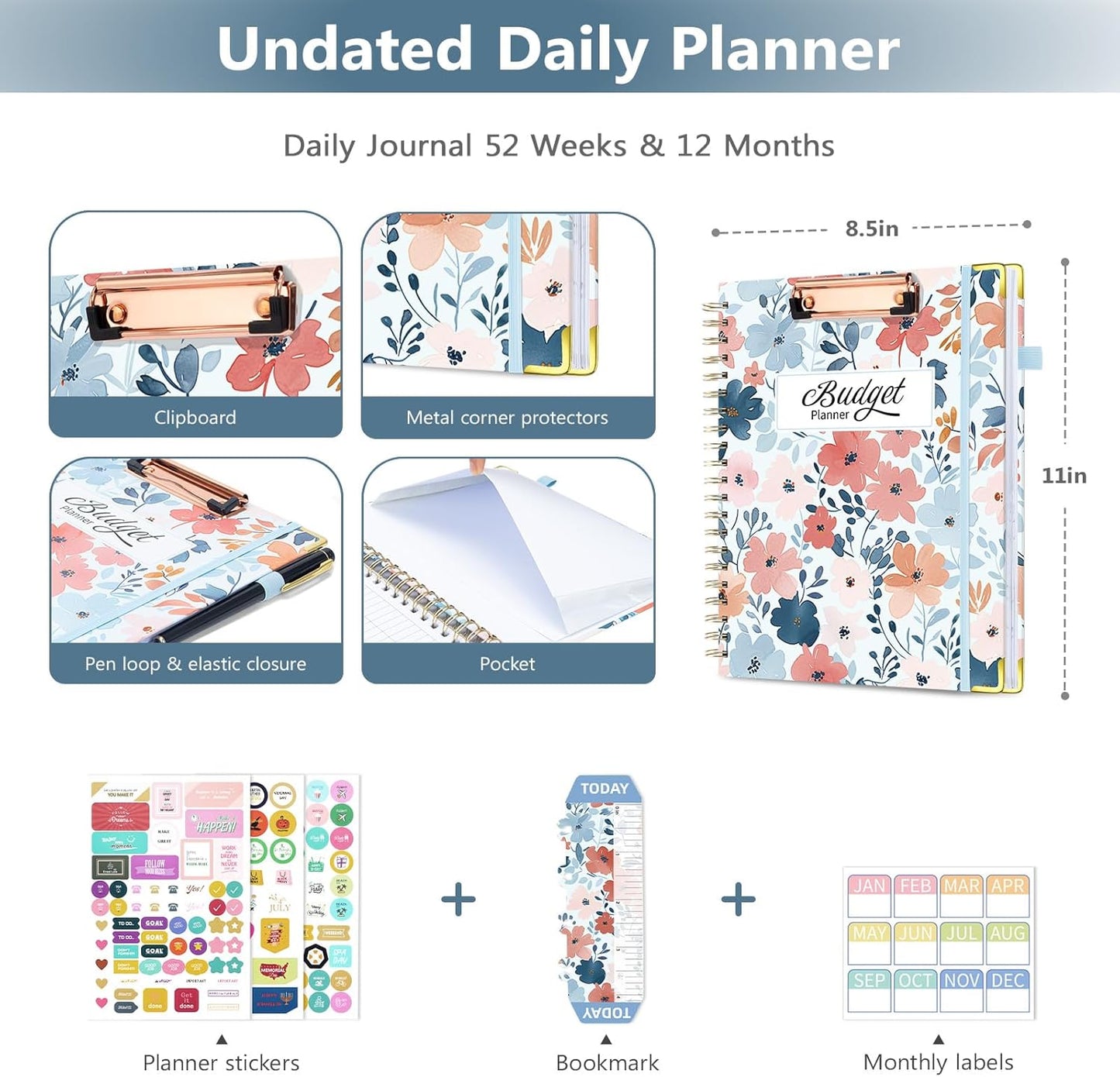 Ospelelf Undated Budget Planner with Clipboard Large Weekly Monthly Account Planners with Stickers 12 Months Productivity Aesthetic Journey Blue Floral