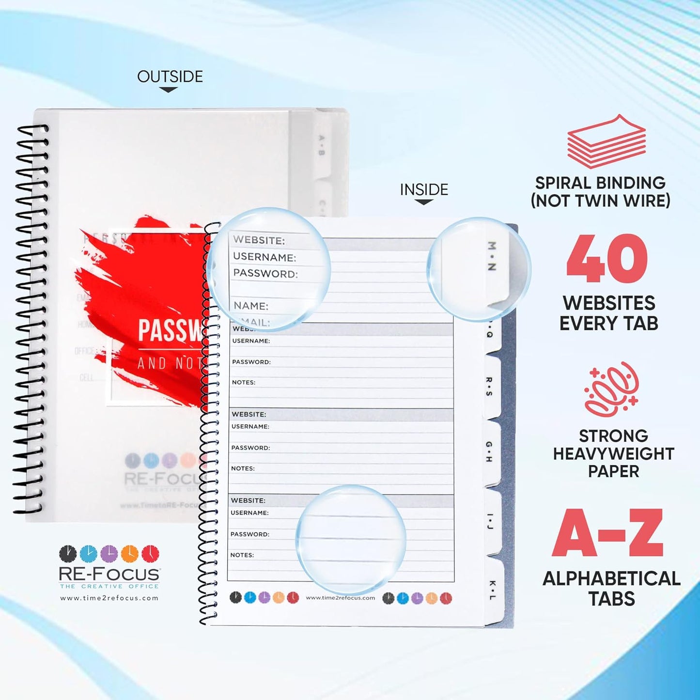 RE-FOCUS THE CREATIVE OFFICE, Password Book Keeper, Small, Mini, Red, Alphabetical Tabs, Spiral Bound, Removable Sheets, Journal Organizer, Includes Website Address, Username, Password