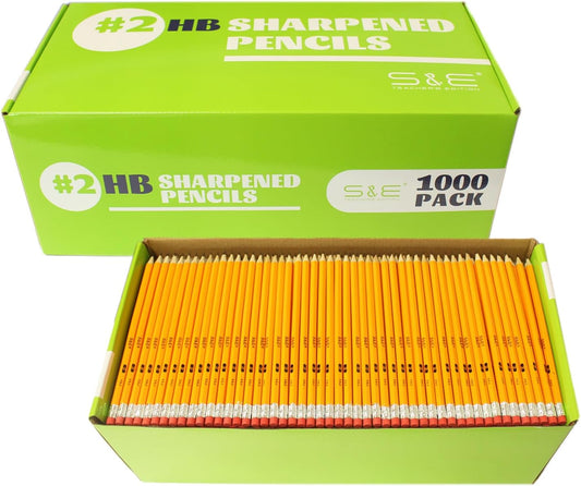 S & E TEACHER'S EDITION Woodcased #2 Pencils, Pre-sharpened, Yellow Pencils with Erasers #2 HB Lead Bulk Box, No. 2, Back to school, 1000Pcs