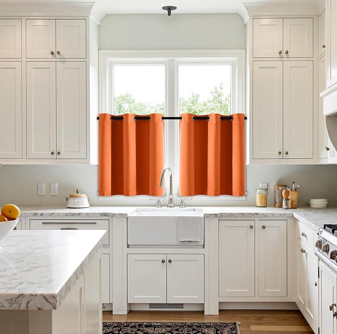 MIULEE Short Fall Curtains for Windows - Orange Blackout Half Window Curtains Thermal Insulated Privacy Drapes for Kitchen Bedroom Bathroom Grommet Top Small Basement Tiers W40 x L36 Inch 2 Panels