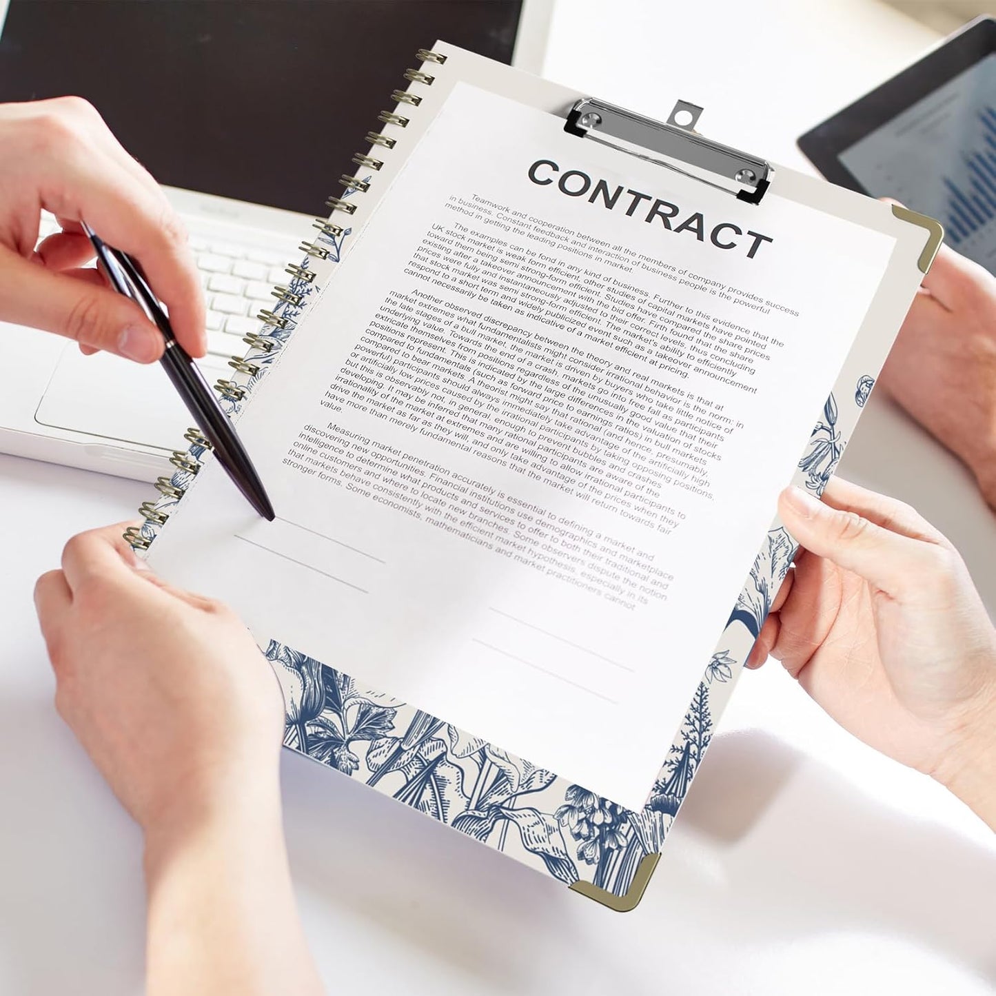 Foldable Clipboard Folio with Storage, 5 Plastic Folders with 10 Pockets,Refillable Lined Notepad (11" x 8.5"), Hardcover Project Organizer Nursing Teacher School Essentials(Blue Florals)