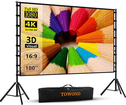 TOWOND Projector Screen and Stand, 180 inch Outdoor Projector Screen 15 FT Large Projection Screen, Portable 16:9 4K HD Rear Front Movie Screen with Carry Bag Wrinkle-Free Design for Backyard Theater