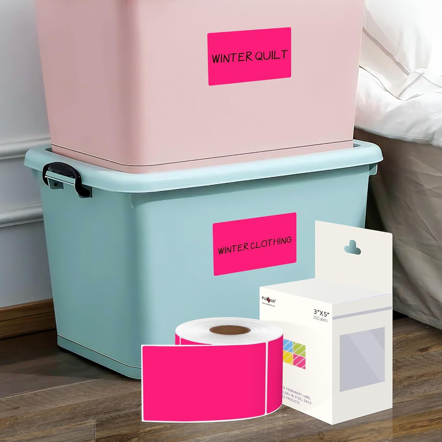 PARLAIM 3 X 5 Inch 4Rolls/1000 Per Roll Rectangle Inventory Color Coding Labels,Roll Square Label Stickers for Home(Fluorescent Pink)