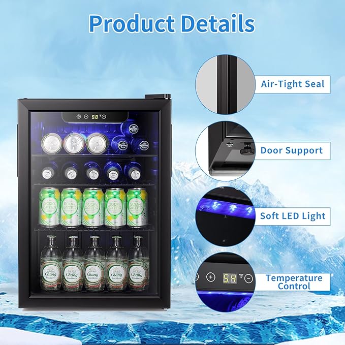Antarctic Star Mini Fridge-95 Can Beverage Refrigerator Wine Cooler Clear Front Glass Door Small Drink Touch Screen for Soda Beer Bar Office Home 2.6 cu.ft