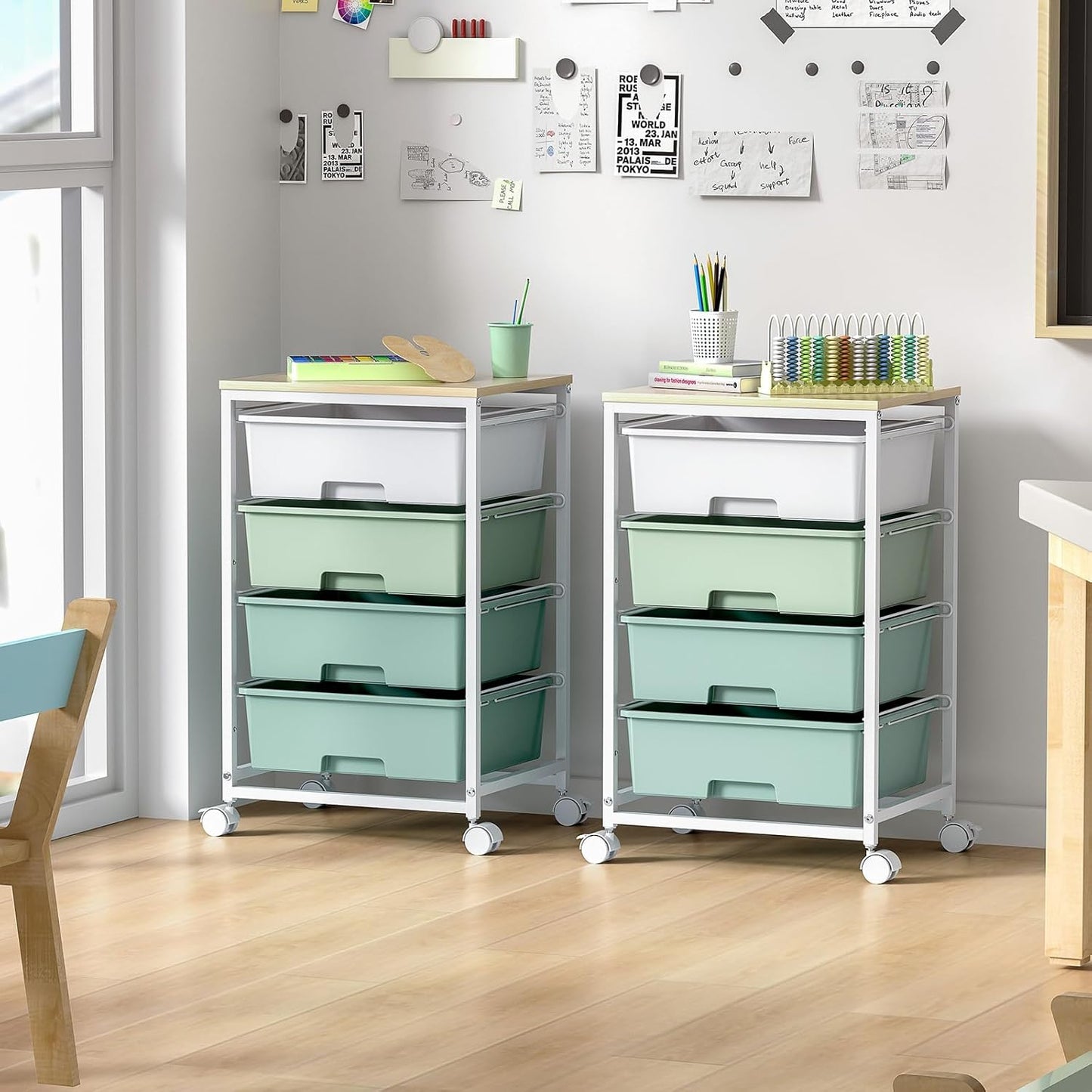 Utility Cart with 4 Drawers,Rolling Storage Cart with Drawers,Storage Rolling Drawer Cart with Wooden Tabletop for Bedroom,Kid's Room,Dorm,Classroom,Office,Green