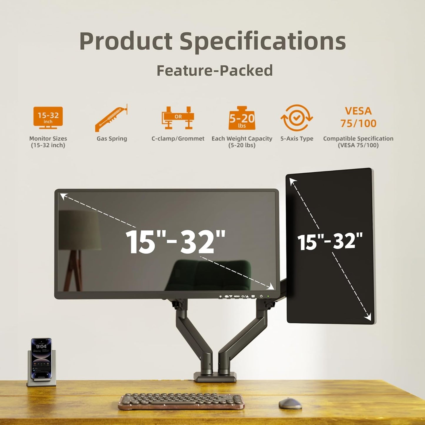 Claiks Dual Monitor Mount for 15-32 Screens, Ergonomic Gas Spring Monitor Arm for, Adjustable Computer Monitor Stand up to 40 lbs, with Clamp and Grommet Base, VESA Mounting Holes 75&100mm, Black