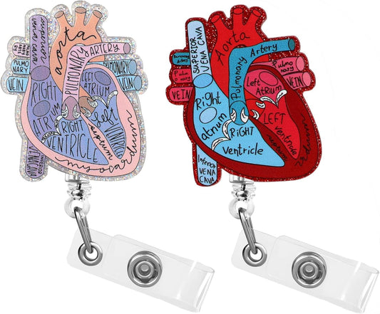2Pcs Cardiac Badge Holder Heart Retractable Reel ID Card Funny Clip Anatomy Nurse Name Tag Holder Pediatrics Nursing Badge Clips for Medical Assistant Doctor Student Teacher Office Clinic