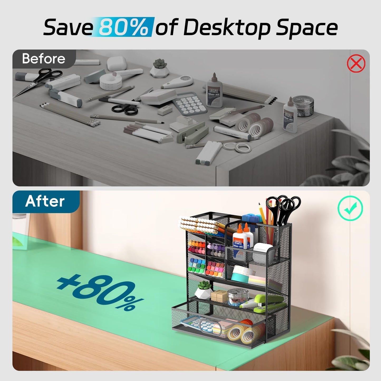 Mesh Pen Organizer for Desk, Multi-Functional Pencil Holder with Drawer Desk Organizers, Large Capacity Storage for School Office Home Supplies (Black)