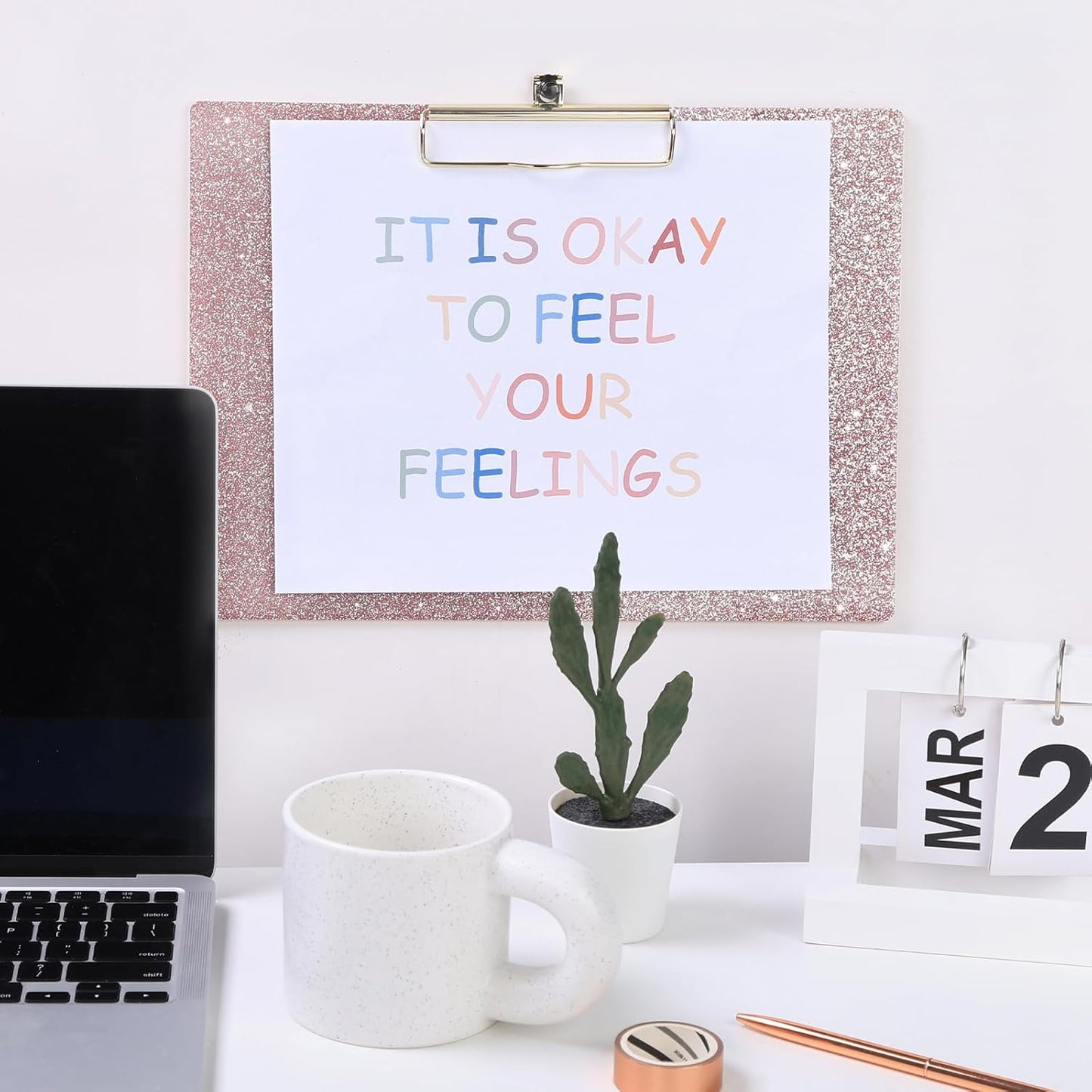 UNIQOOO Sparkle Rose Gold Glitter Landscape Clipboard, Horizontal Clipboard with Shiny Gold Finish Clip, Back to School Gift 1st Day Gift, Teacher Appreciation Gift, 12.5x9 in