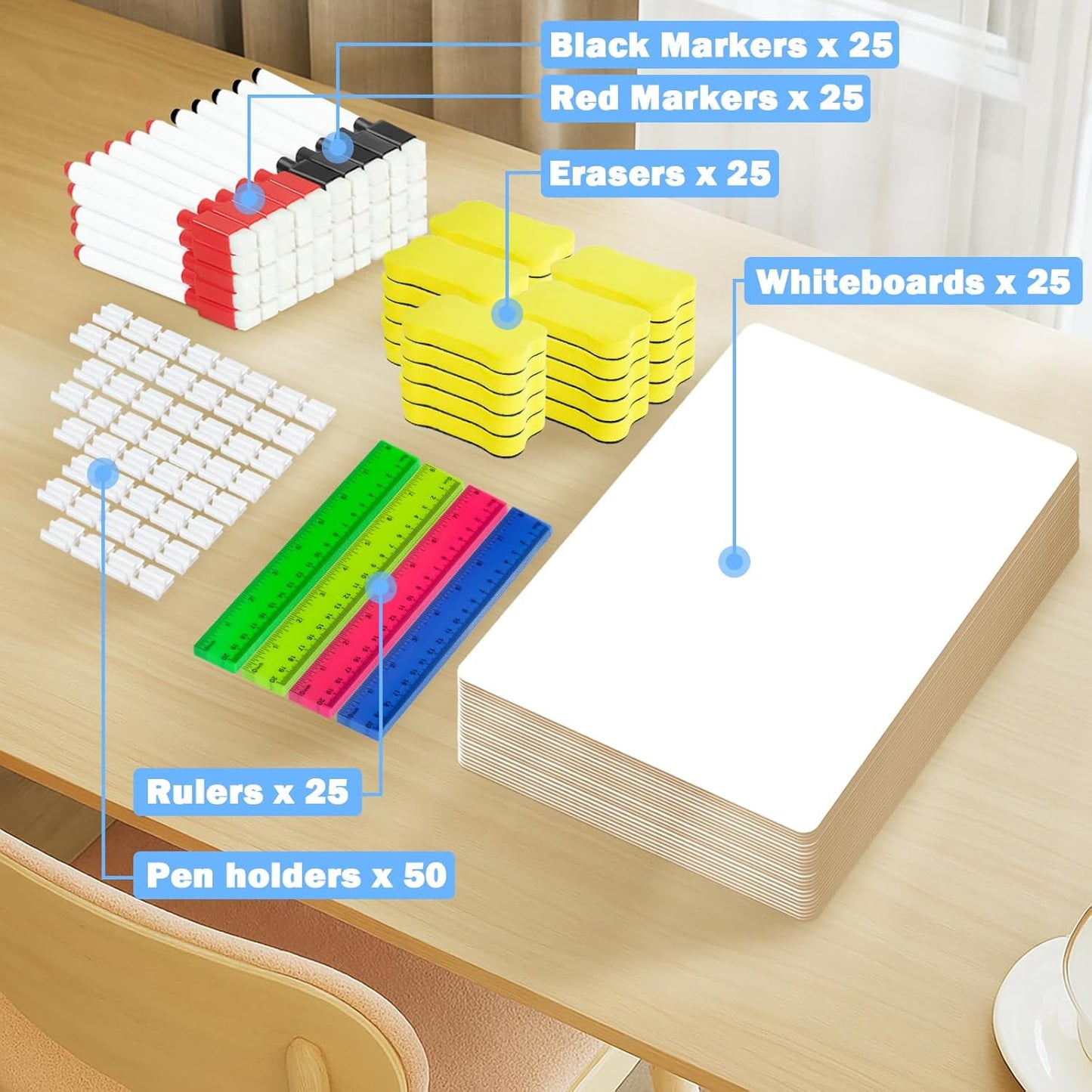 25 Pack Dry Erase Boards 9'' x 12'' Mini Double-Sided Whiteboards Safe Rounded Edges, Includes 25 Erasers, Markers, Rulers & 50 Clips, Perfect for Students, Teachers, School & Office Use