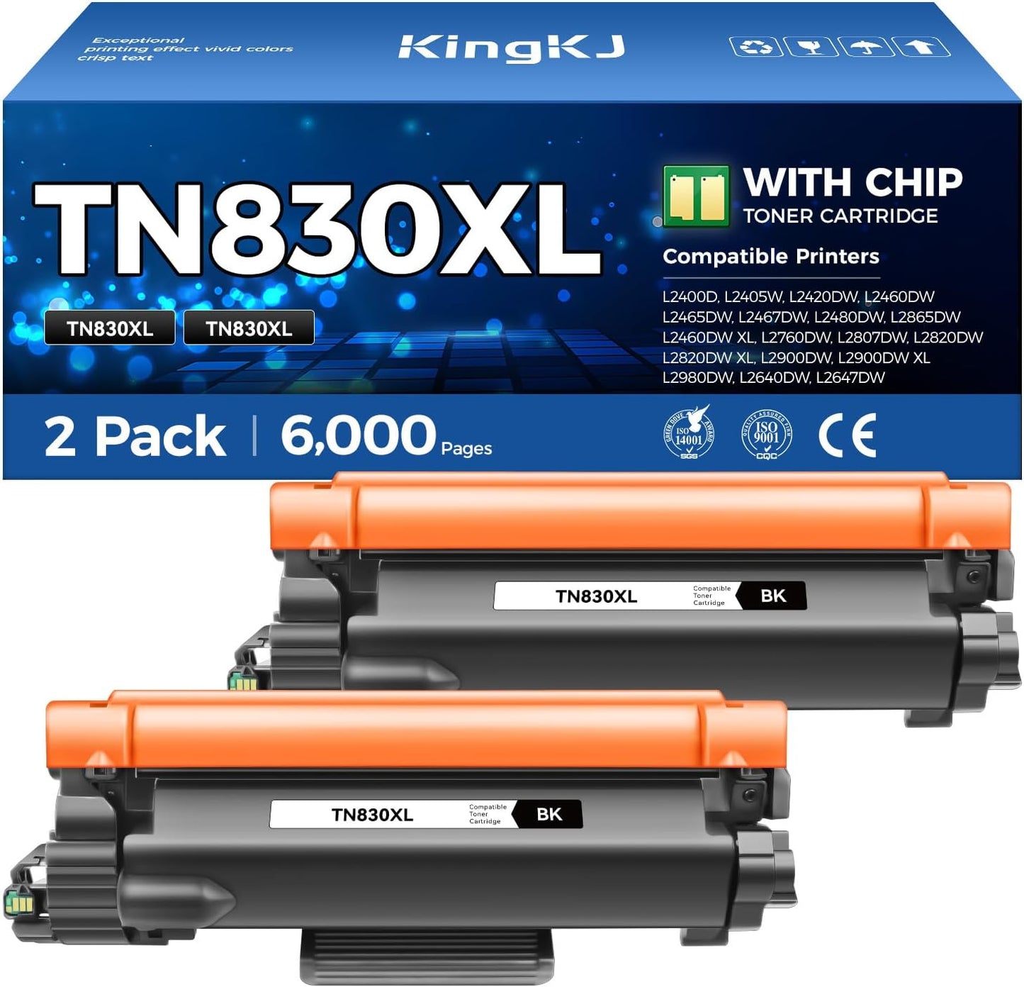 TN830XL Toner Cartridge Black 2-Pack High Yield Replacement for Brother TN830XL TN830 XL Compatible for HL-L2460DW HL-L2405W HL-L2480DW MFC-L2820DW DCP-L2640DW MFC-L2900DW HL-L2400D Laser Printer Ink