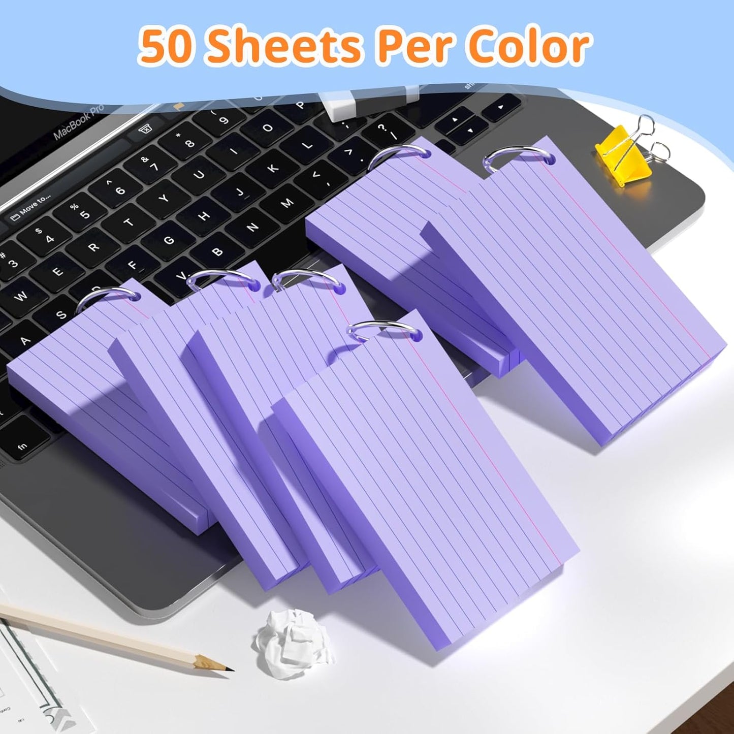 Index Cards 3x5 Inches, 300 PCS, Purple Flash Cards With Ring, Punched Lined Study Card Ruled Flashcards Notecards, Ruled Front And Blank Back, Note Card for School, College And Home