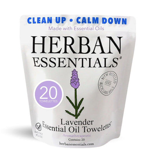 Herban Essentials - Lavender Wipes & Towelettes - Essential Oil Wipes for Make Up, Hands, Face & Body - Travel Size Essentials and Toiletries - Natural, Individually Wrapped and Disposable (20 count)