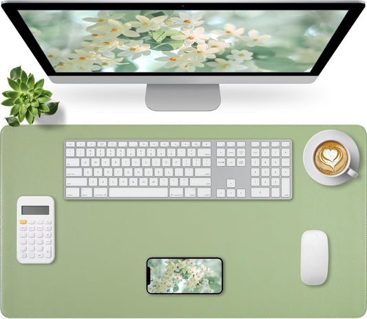 Light Green Desk Mat with Stitched Edges, Large Mouse Pad, Non-Slip Desk Protector Mat, Leather Desk Blotter, Waterproof Desk Pad for Office Home Decor(31.5×15.7 Inches)