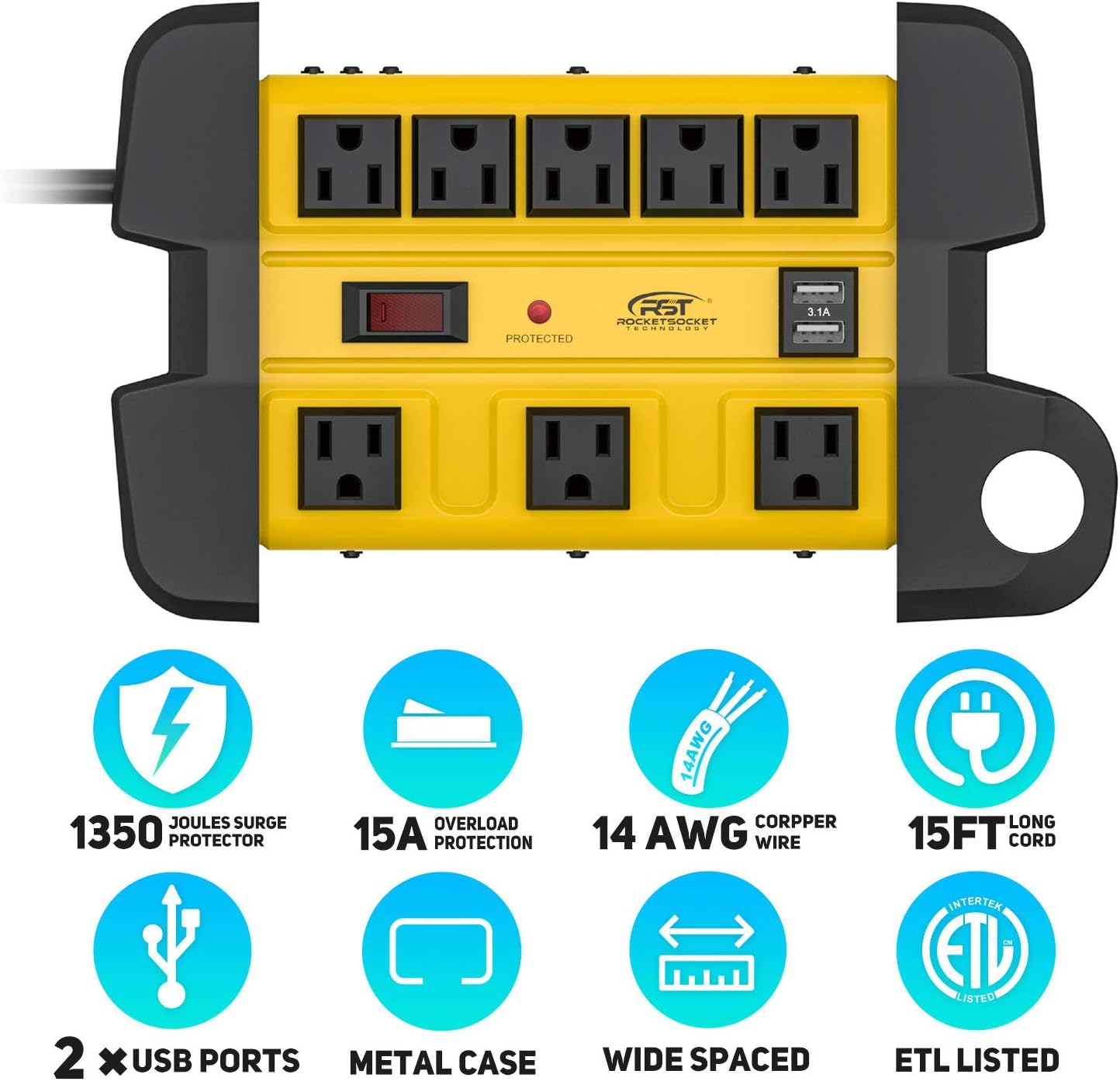 Heavy Duty Power Strip Surge Protector with USB,CRST Metal Power Strip with 2 USB 15 A 1875W, 15-Foot Long Cord 1350 Joules for Home, Kitchen, Office, School, ETL Listed… Yellow