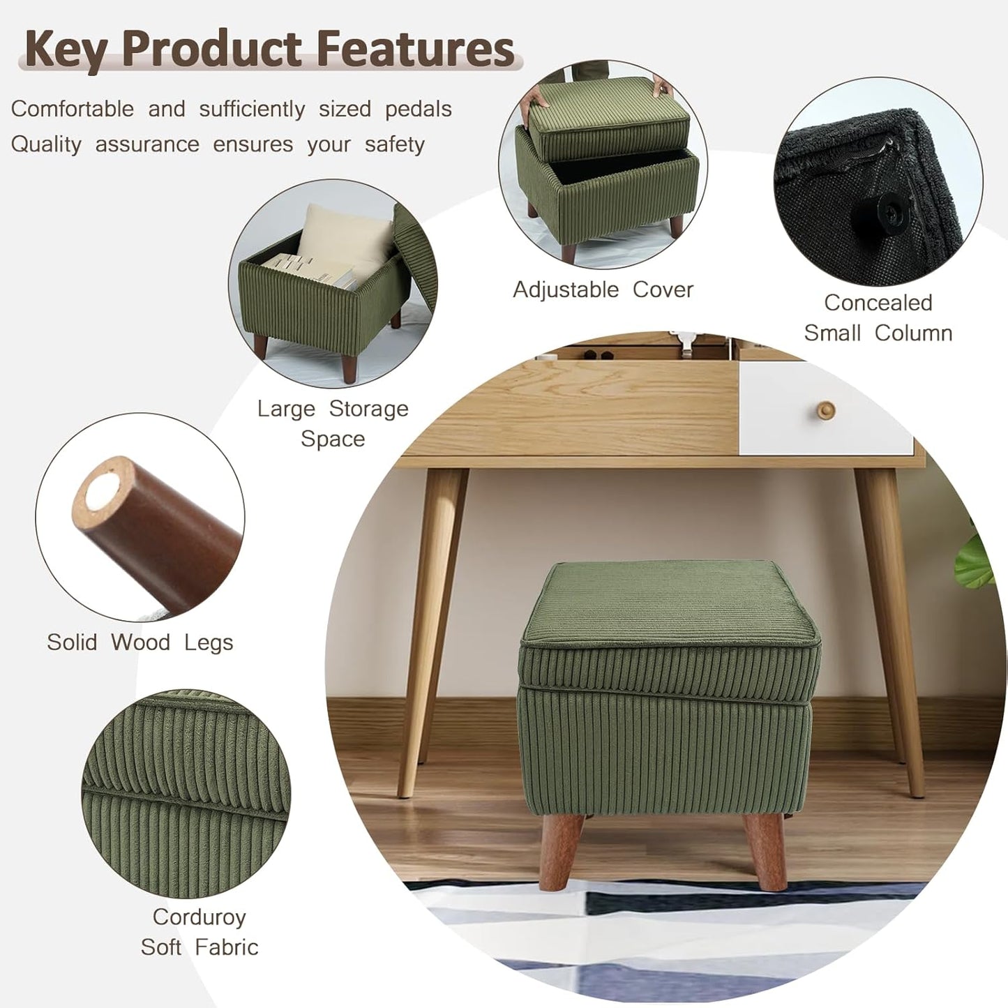 Storage Ottoman with Adjustable Lid, Soft Step Stool, Footrest and Seat, Ottoman Foot Rest for Living Room, Bedroom, Dorm, Green