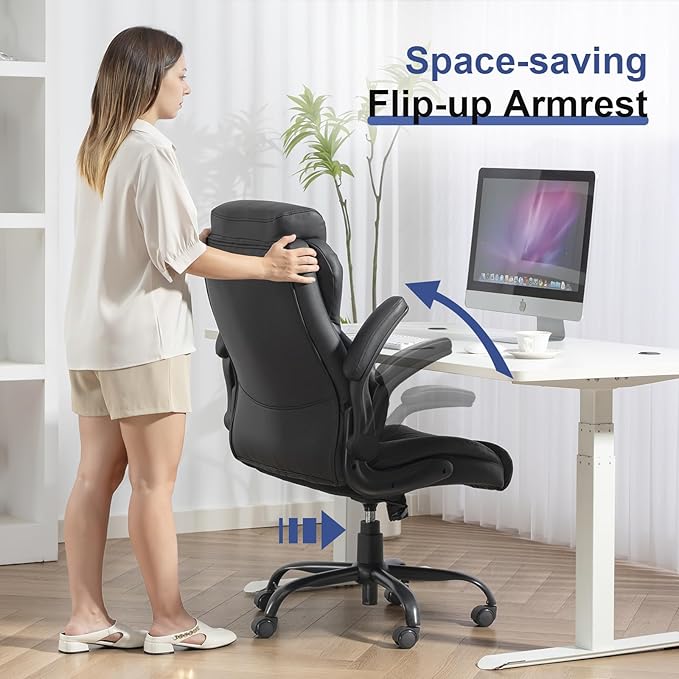 Brage Living 400LBS Big and Tall Office Chair, Leather Executive Desk Chair with Padded Flip-up Arms, Heavy Duty Swivel Rolling Computer Chair for Home Office, Black