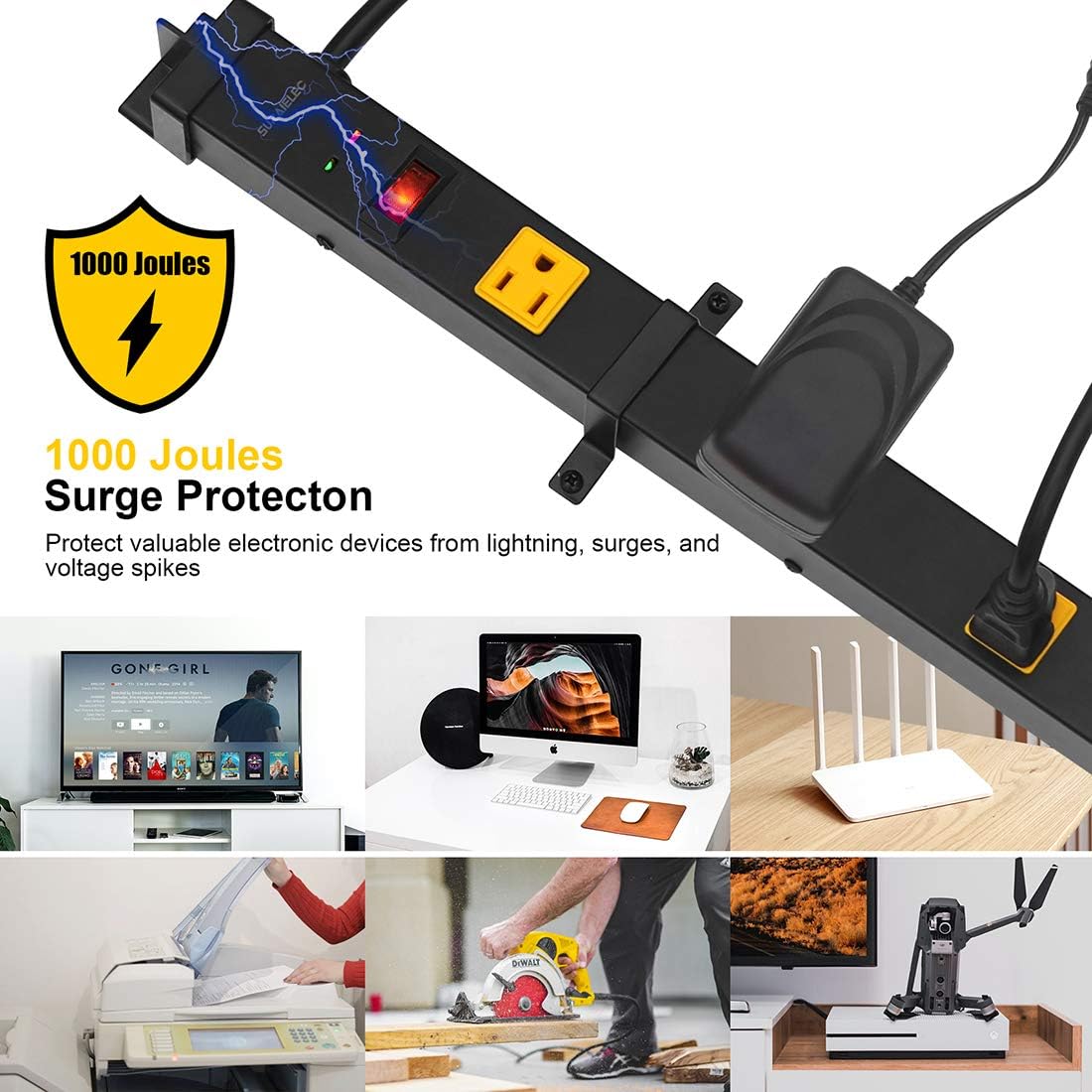 SURAIELEC 10 Outlet Long Power Strip Surge Protector, Industrial Heavy Duty Metal Shop Power Strip Flat Plug, 1000 Joules, 15 A Breaker, 6FT Cord, Wall Mountable, for Work Bench, Shop, Garage, 2 Pack