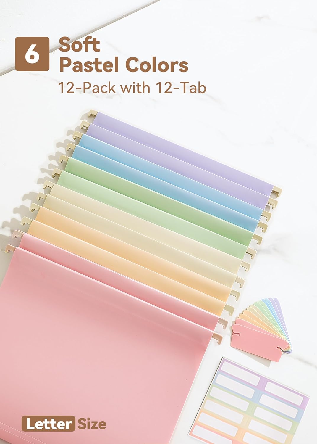 Plastic Hanging File Folders, Letter Size, 12 Pack Pastel Hanging Folders, with Insertable 1/5-Cut Tabs for Filing Cabinets