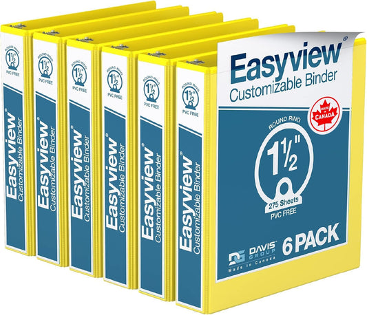 Easyview Premium 3-Ring Binders with Clear-View Covers and Round Rings, Binders for School or Office, 1.5 Inch, Pack of 6, Yellow
