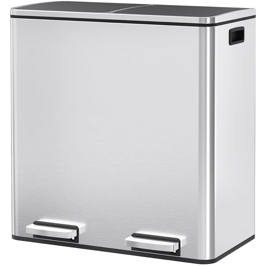 Arlopu 16 GallonStainless Steel Trash Can, 60L Dual Compartment, Metal Kitchen Step Recycle Bin, Metal Double Dustbin, in-Home Garbage Rubbish Can W/Removable Liner Buckets (Silver)