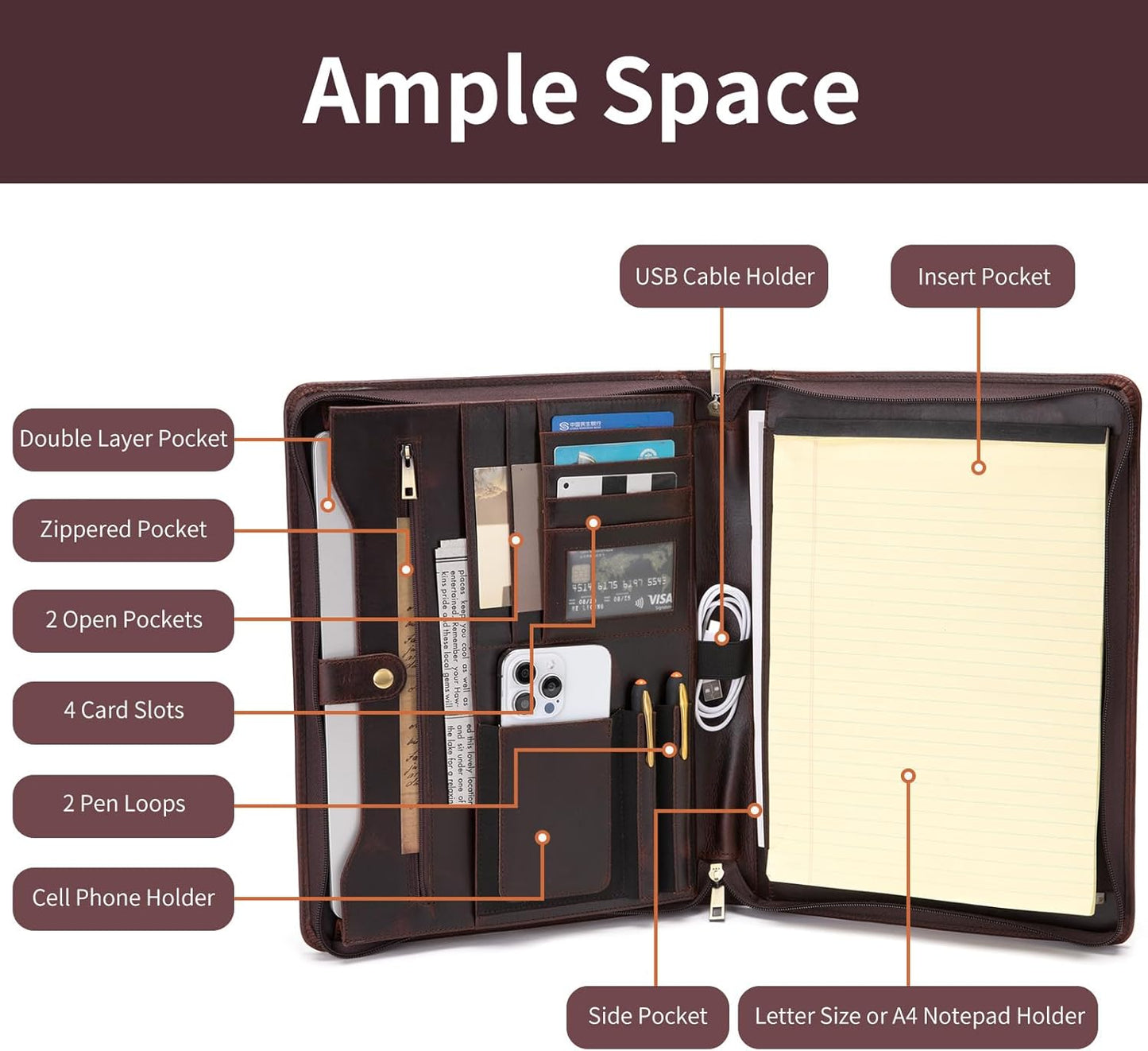 Genuine Leather Portfolio for Women and Men, 8.5 x 11 Legal Pad Padfolio, Zippered Notebook Organizer for 13” Laptop, Business Executive Professional Folio for Work, Dark Brown, Oil Tanned