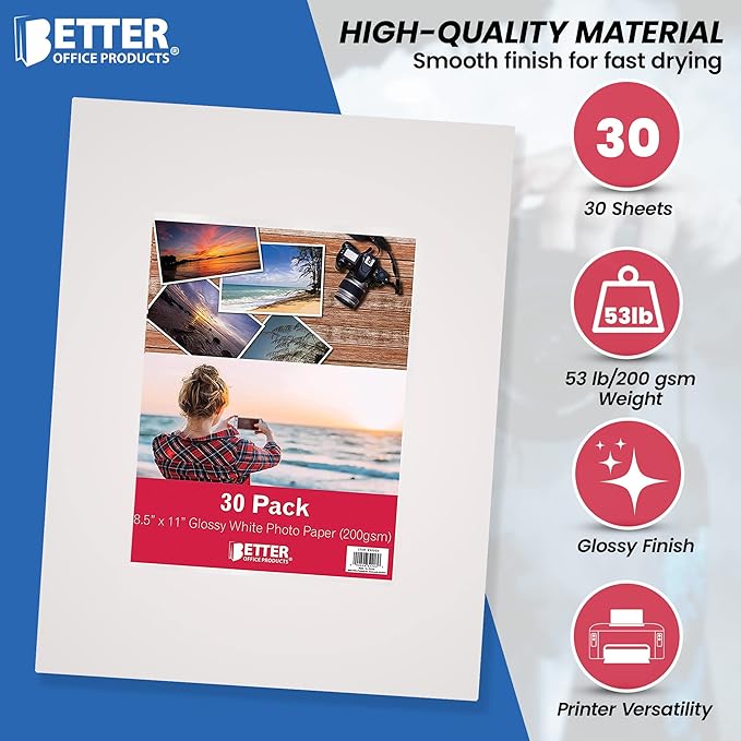 Better Office Products Glossy Photo Paper, 8.5 x 11 Inch, 30 Sheets, 200 gsm, Letter Size, 30-Count Pack
