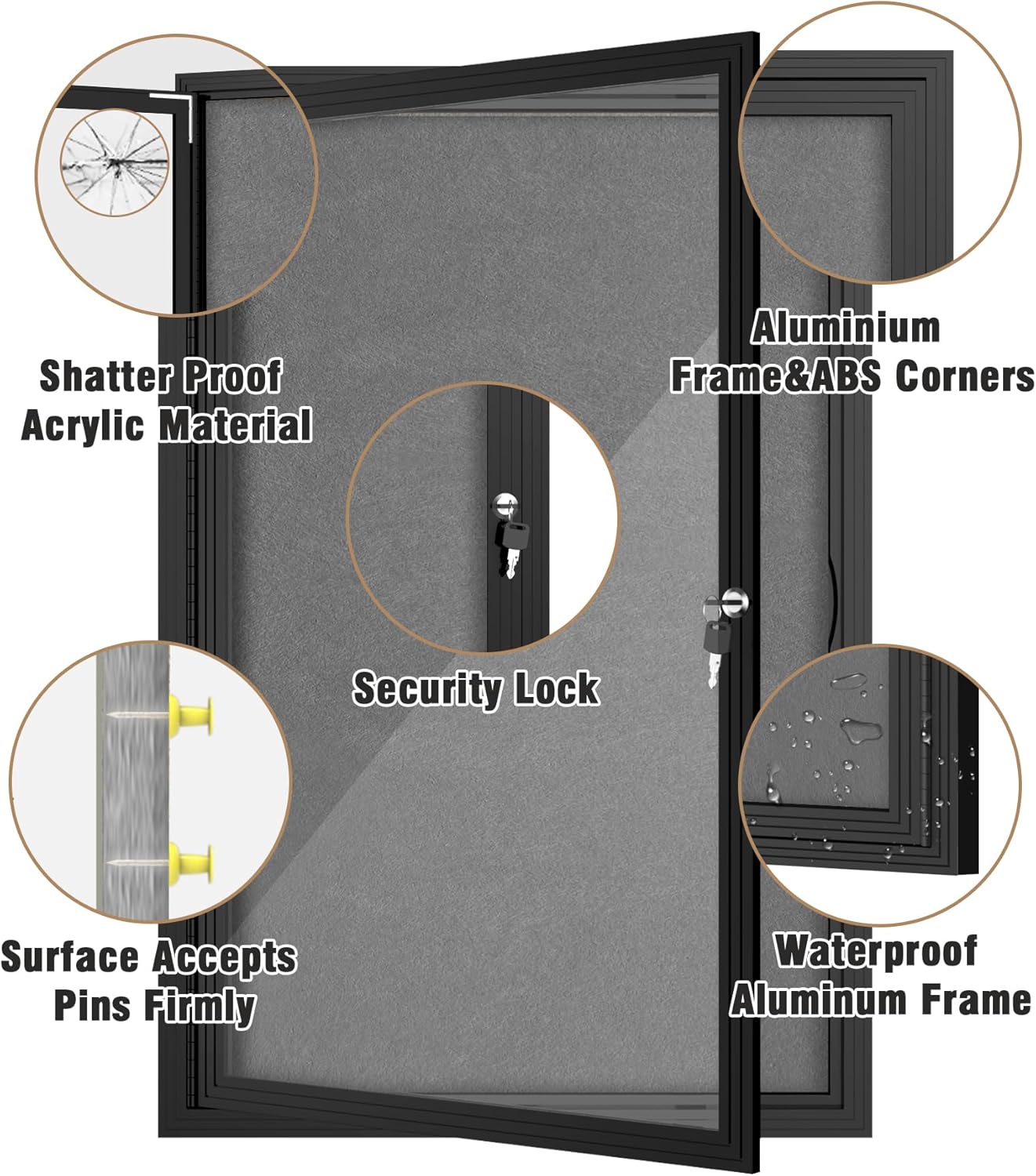 36"x24" Enclosed Bulletin Board, Outdoor Lockable Weather-Resistant Aluminum Cork Noticeboard for School & Office, Black Frame w/Grey Flet