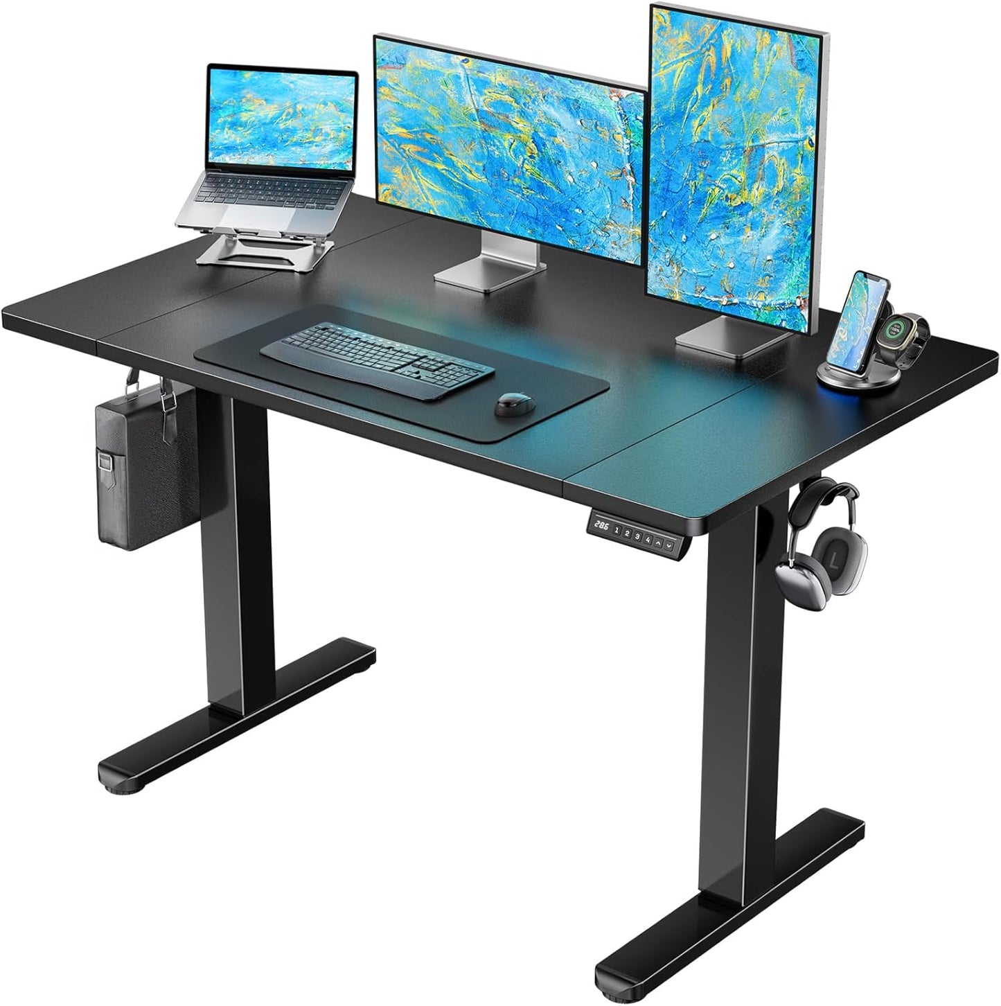 HUANUO 48 x 24 inch Electric Standing Desk, Height Adjustable Table with Headphone Hooks & Cable Manager, Sit to Stand up Desk for Home Office, Black