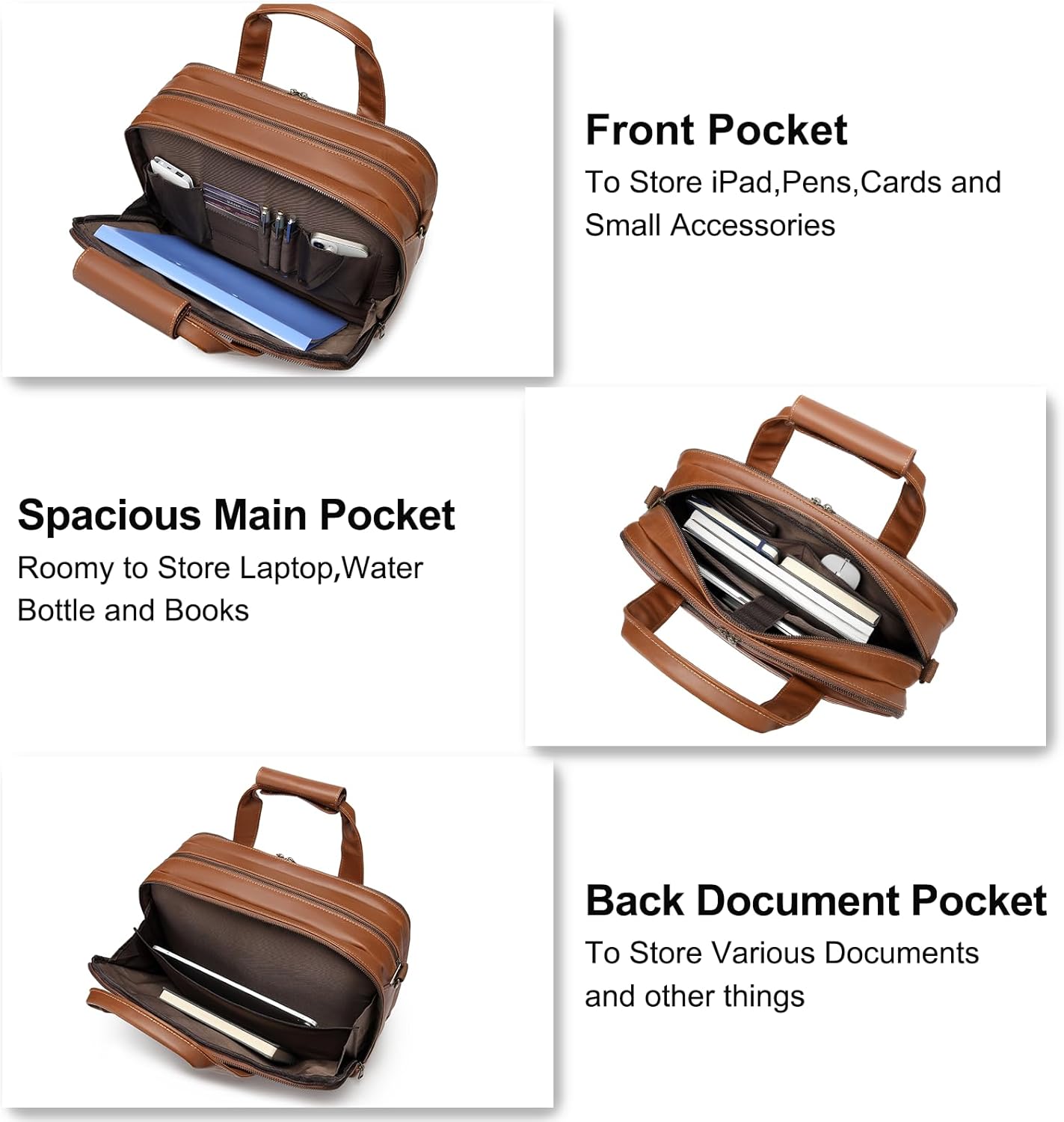 Leather Briefcases for Men 15.6 Inch Laptop Messenger Bag with Triple Compartments Water-Resistant Computer Shoulder Bag for Business, Travel, Work, Office, Coffee