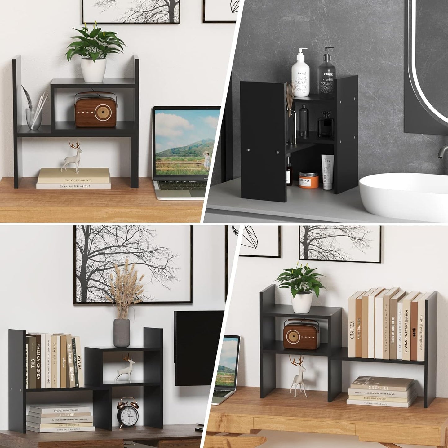 TY ARTS & CULTURE - Expandable Wood Desktop Storage Organizer Multipurpose Desk Bookshelf Case Display Shelf Rack Counter Top Bookcase for Office Home | Black