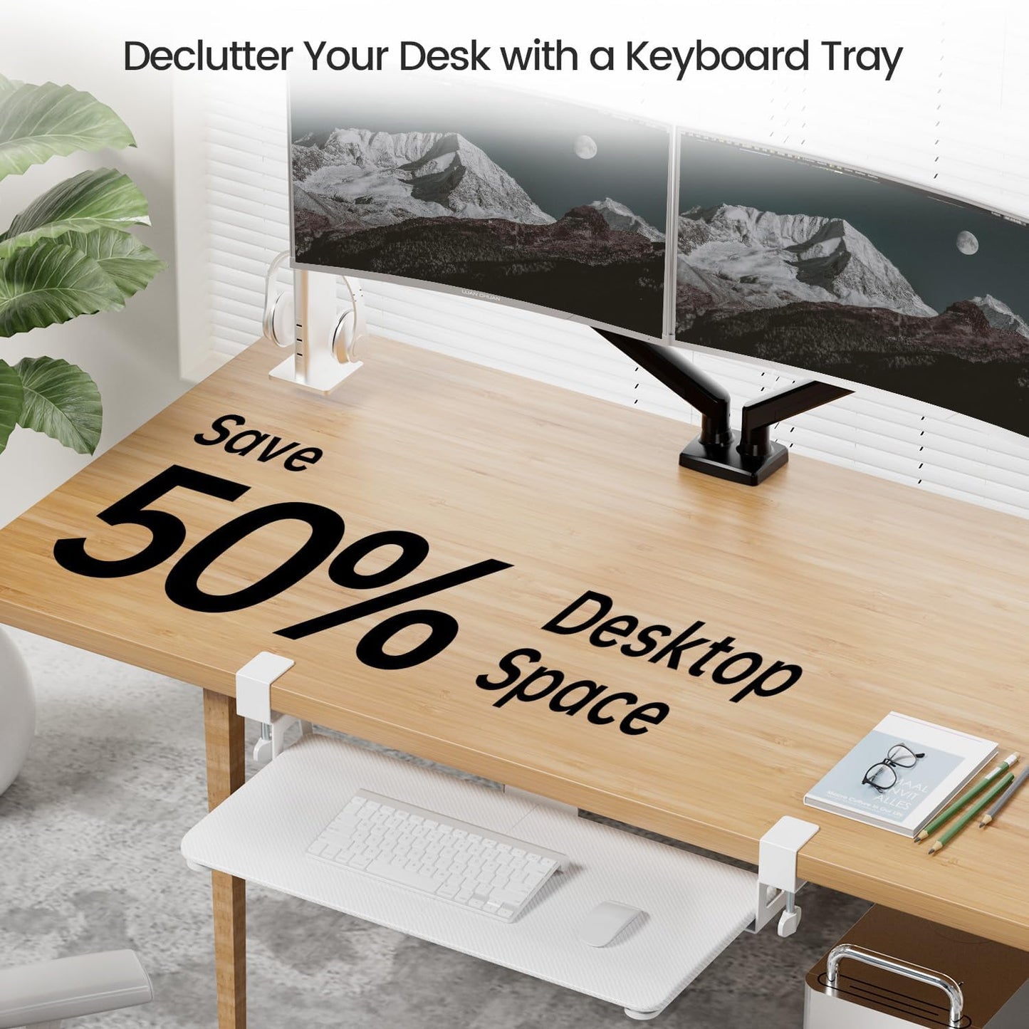 Large Keyboard Tray Under Desk Slide Out with Extra Sturdy C Clamp Mount System,26'' (30'' including Clamps) x11 Slide-Out Keyboard Drawer Under Desk for Typing,Keyboard Mouse Tray,White