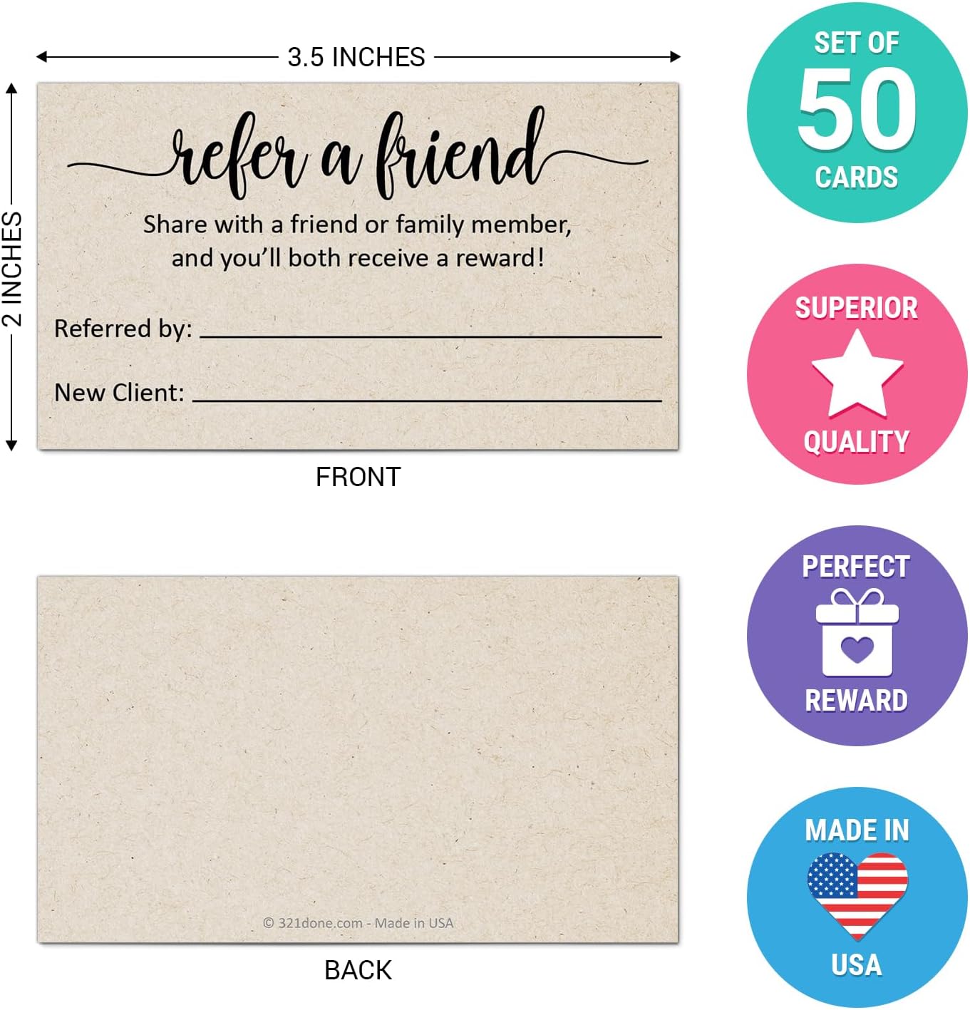 321Done Refer a Friend Card, Made in USA - 3.5x2 Kraft Tan, Customer Referral Discount Cards, Reward for Small Business Referrals Salon Spa - Pack of 50