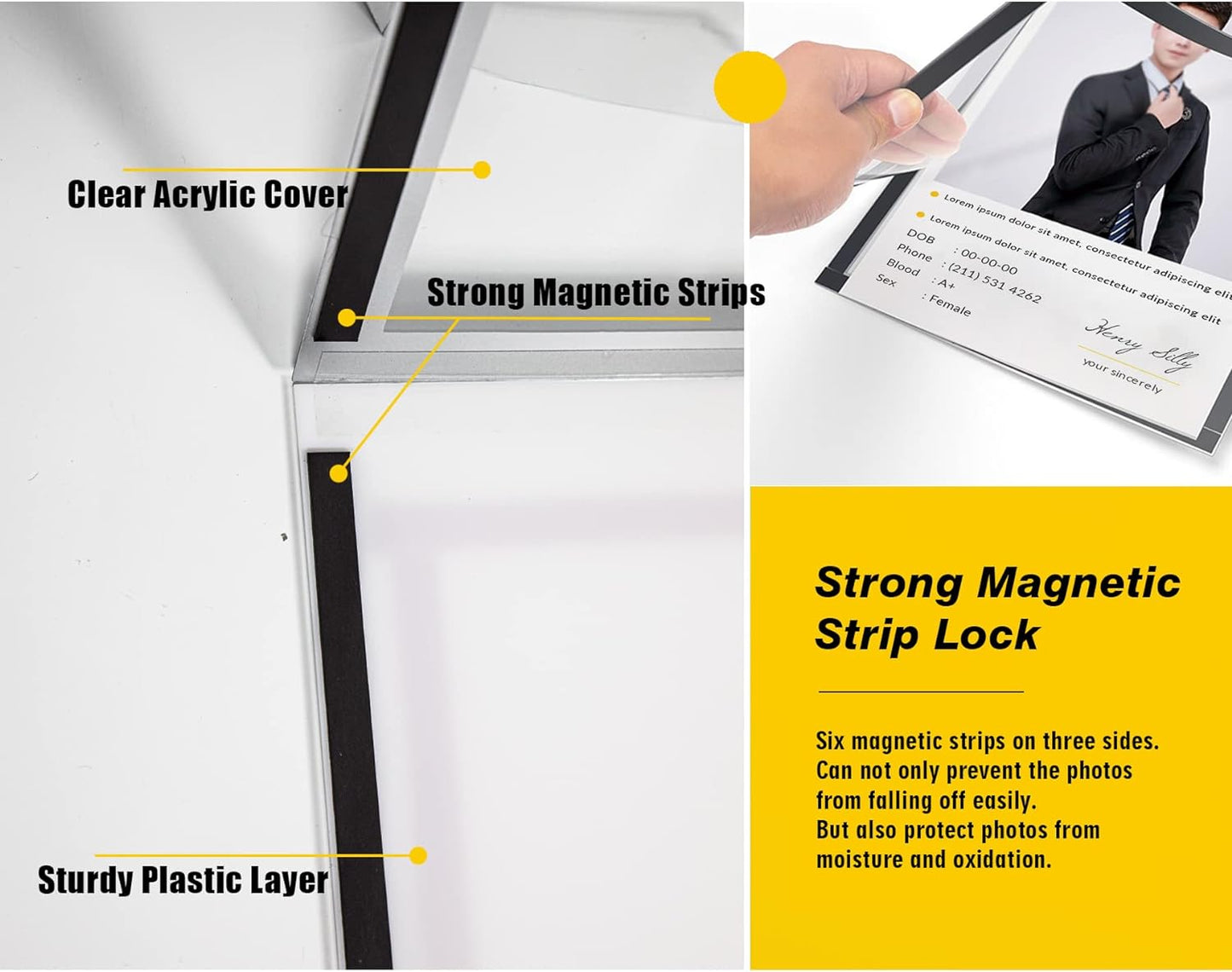 Acrylic Magnetic Sign Holder, Easy-Opening 8.5 x 11 Wall Mount Display Frames, Self Adhesive Back Plastic Clear Document Frame, Horizontal & Vertical Display (Black, 12Pack)