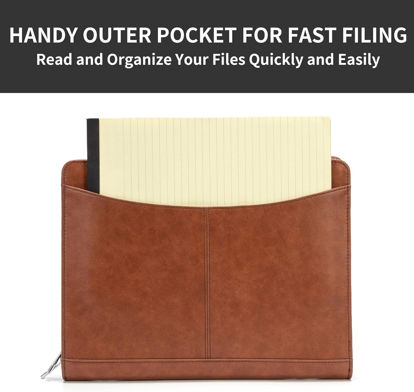 Personalized Vegan Leather Portfolio with Front Pocket for Men and Women, Custom Zippered Padfolio Binder for 8.5 x 11 Legal Pad Notebook, Professional Laptop Case, Brown
