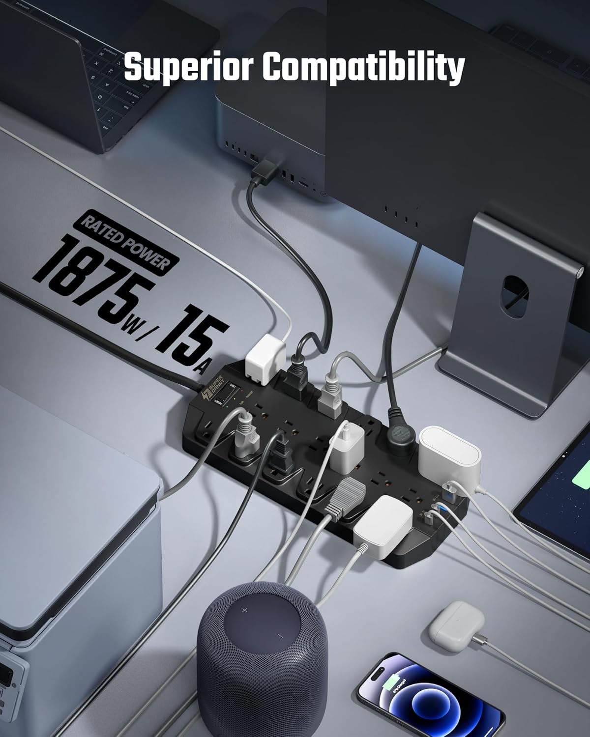 Surge Protector Power Strip, SUPERDANNY 18 AC Outlets with 4 USB Ports, 1875W/15A, 2100J, 6.5FT Flat Plug Heavy Duty Extension Cord with Wall Mount Holes for Home, Office, Gaming Room,Dorm, Black